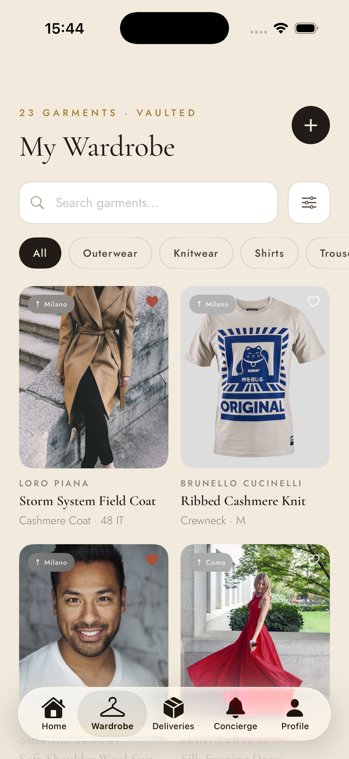 Trousseau grid showing garments by brand with search and category filters