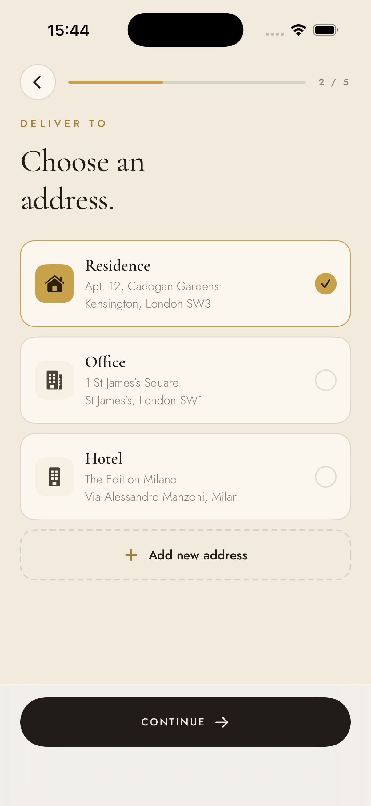 Choose delivery address — residence, office, or hotel