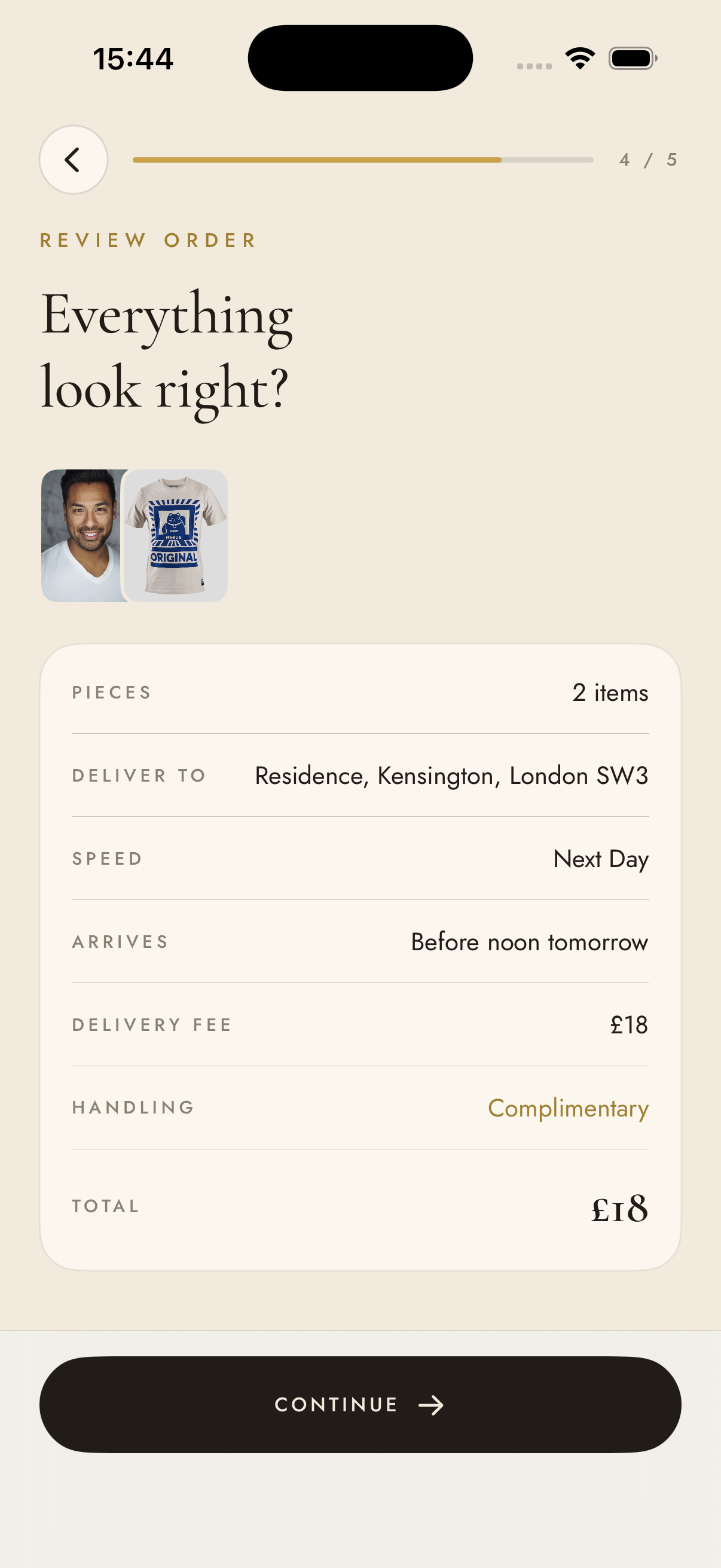 Review delivery order with pieces, address, speed, and total