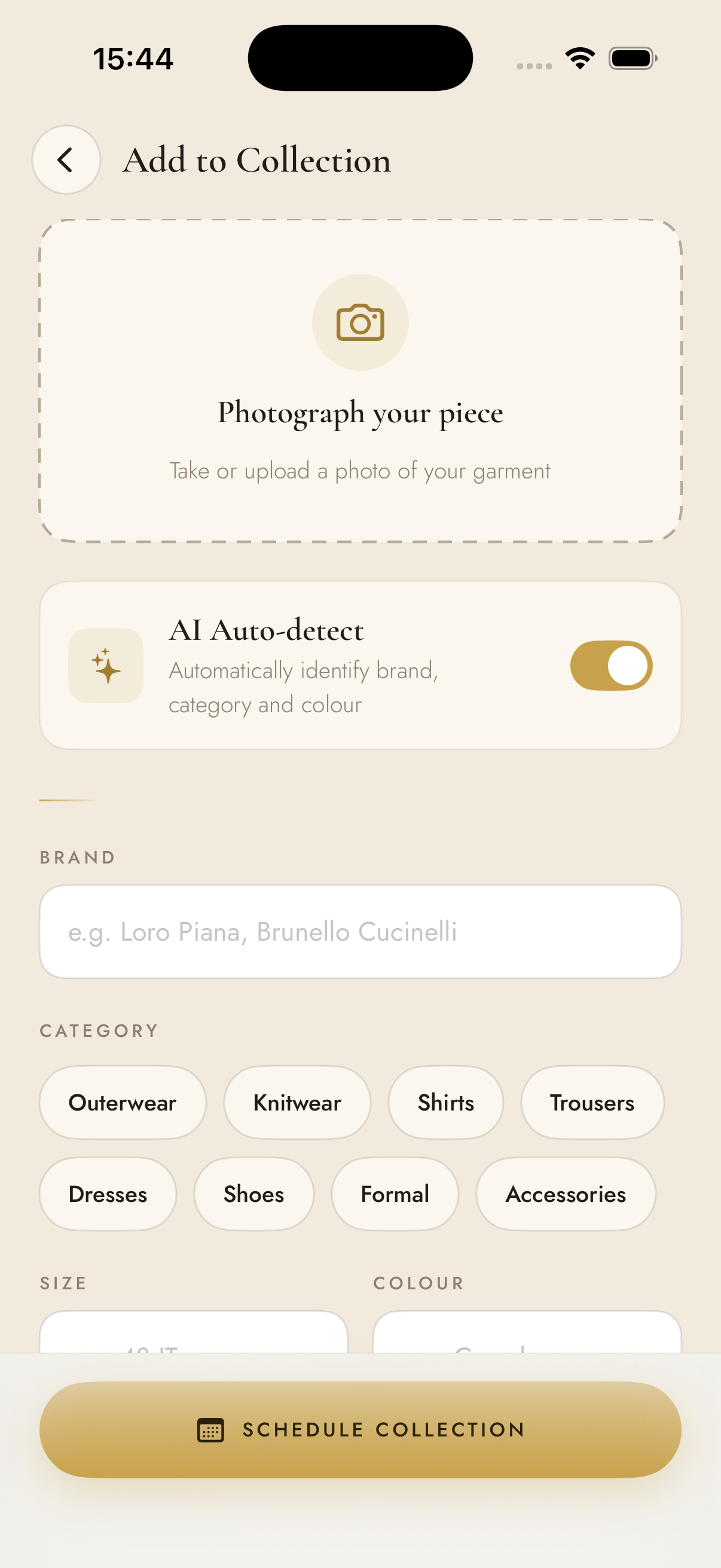 Add garment with AI auto-detect for brand, category, and colour