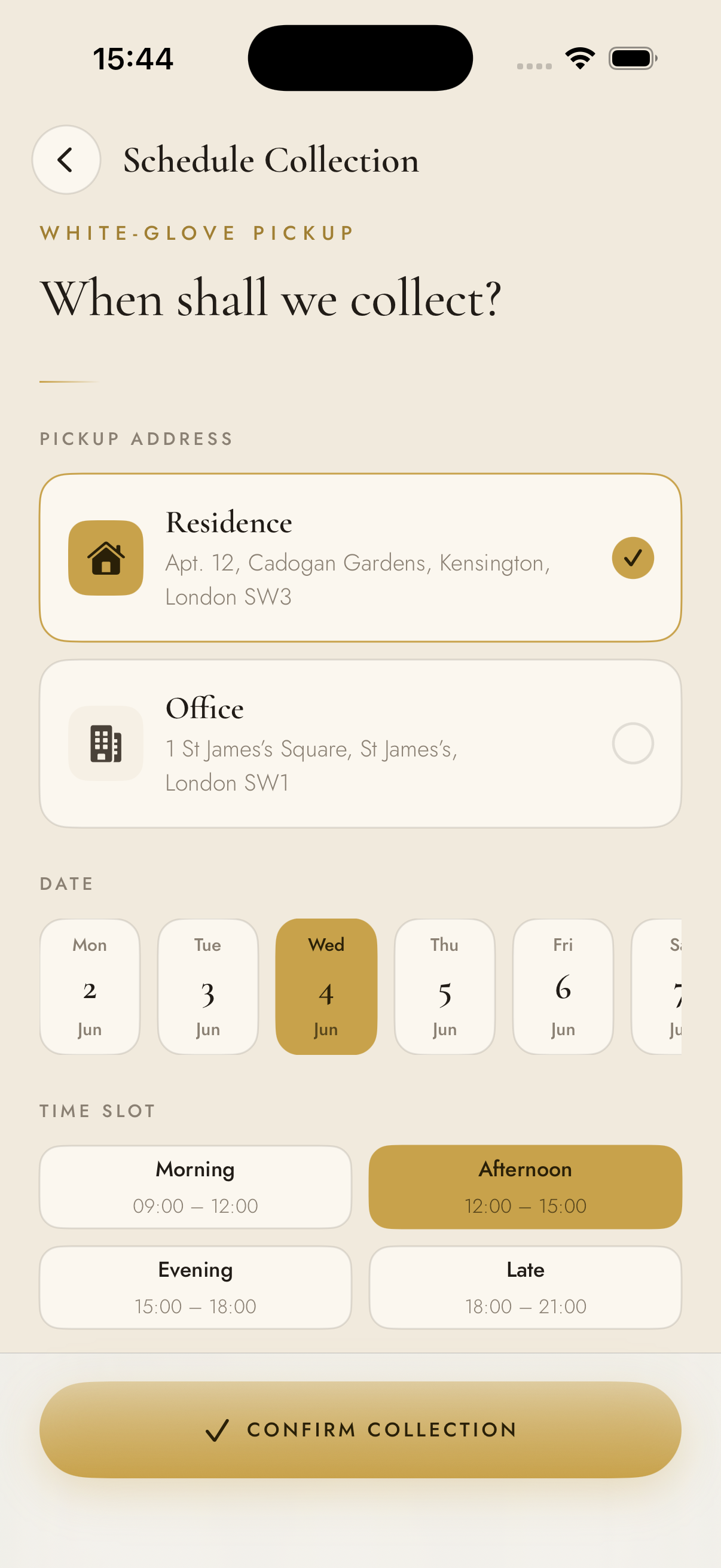 Schedule white-glove courier collection with date and time slots